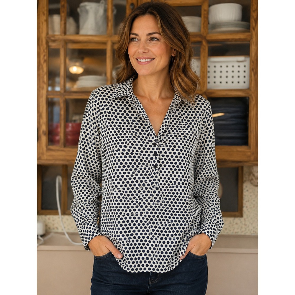 Liz Claiborne XL White Black Polka Dot‎ Popover Blouse 100% Cotton Women's